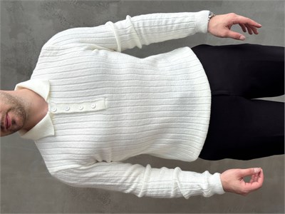 Erkek Yeni Sezon Regular Fit Düğme Detaylı Polo Yaka Triko Kazak-Ekru(E1833)