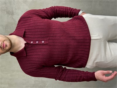 Erkek Yeni Sezon Regular Fit Düğme Detaylı Polo Yaka Triko Kazak-Bordo(E1833)