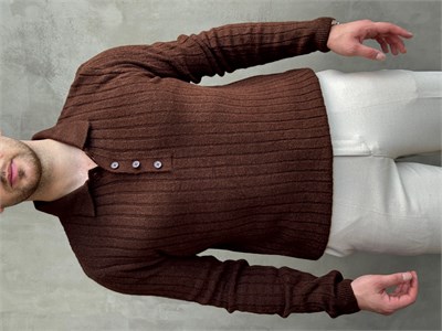 Erkek Yeni Sezon Regular Fit Düğme Detaylı Polo Yaka Triko Kazak-Kahverengi(E1833)