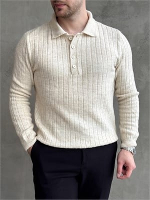 Erkek Yeni Sezon Regular Fit Düğme Detaylı Polo Yaka Triko Kazak-Bej(E1833)