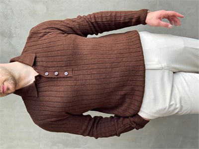Erkek Yeni Sezon Regular Fit Düğme Detaylı Polo Yaka Triko Kazak-Kahverengi(E1833)