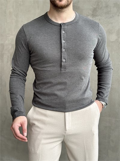 Erkek Yeni Sezon Regular Fit Düğme Yaka İnce Triko Basic Kazak-Haki(E1845)