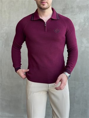 Erkek Yeni Sezon Regular Fit Fermuarlı Yaka Çizgi Detaylı Triko Kazak-Bordo(E1791)