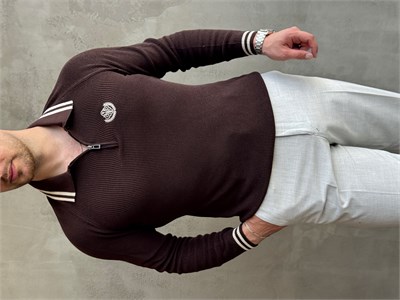 Erkek Yeni Sezon Regular Fit Fermuarlı Yaka Çizgi Detaylı Triko Kazak-Kahverengi(E1791)