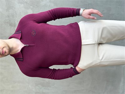 Erkek Yeni Sezon Regular Fit Fermuarlı Yaka Çizgi Detaylı Triko Kazak-Bordo(E1791)