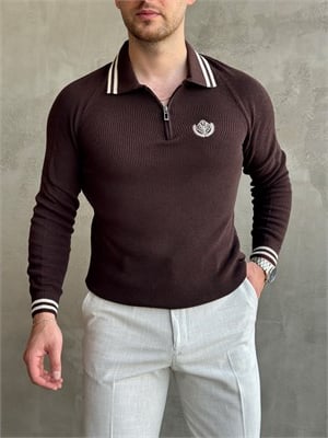 Erkek Yeni Sezon Regular Fit Fermuarlı Yaka Çizgi Detaylı Triko Kazak-Kahverengi(E1791)