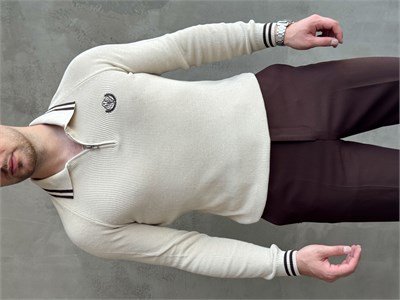 Erkek Yeni Sezon Regular Fit Fermuarlı Yaka Çizgi Detaylı Triko Kazak-Bej(E1791)