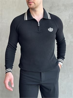 Erkek Yeni Sezon Regular Fit Fermuarlı Yaka Çizgi Detaylı Triko Kazak-Siyah(E1791)