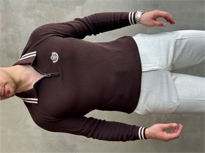 Erkek Yeni Sezon Regular Fit Fermuarlı Yaka Çizgi Detaylı Triko Kazak-Kahverengi(E1791)