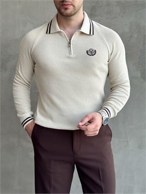 Erkek Yeni Sezon Regular Fit Fermuarlı Yaka Çizgi Detaylı Triko Kazak-Bej(E1791)