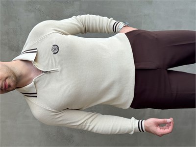 Erkek Yeni Sezon Regular Fit Fermuarlı Yaka Çizgi Detaylı Triko Kazak-Bej(E1791)