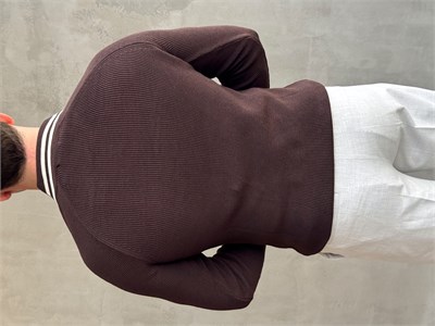 Erkek Yeni Sezon Regular Fit Fermuarlı Yaka Çizgi Detaylı Triko Kazak-Kahverengi(E1791)