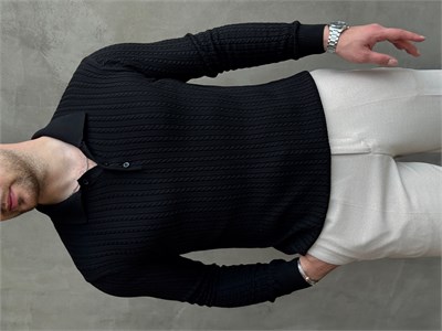 Erkek Yeni Sezon Regular Fit Halat Desenli Düğme Detaylı Polo Yaka Kazak-Siyah(E1834)