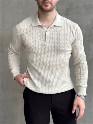 Erkek Yeni Sezon Regular Fit Halat Desenli Düğme Detaylı Polo Yaka Kazak-Bej(E1834)