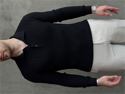 Erkek Yeni Sezon Regular Fit Halat Desenli Düğme Detaylı Polo Yaka Kazak-Siyah(E1834)