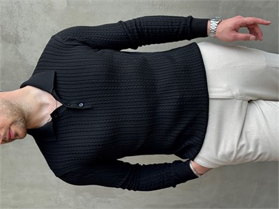 Erkek Yeni Sezon Regular Fit Halat Desenli Düğme Detaylı Polo Yaka Kazak-Siyah(E1834)