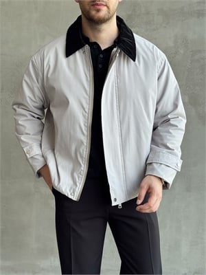 Erkek Yeni Sezon Regular Fit Kesim Yaka Detaylı Fermuar Cepli Dokuma Kumaş Ceket-Gri(E1799)