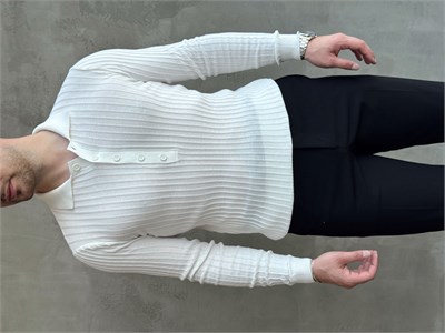 Erkek Yeni Sezon Regular Fit Polo Yaka Düğmeli Triko Kazak-Beyaz(E1792)