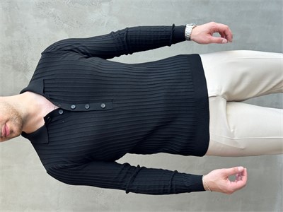 Erkek Yeni Sezon Regular Fit Polo Yaka Düğmeli Triko Kazak-Siyah(E1792)