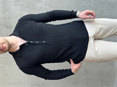 Erkek Yeni Sezon Regular Fit Polo Yaka Düğmeli Triko Kazak-Siyah(E1792)