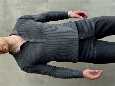 Erkek Yeni Sezon Regular Fit Polo Yaka Düğmeli Triko Kazak-Antrasit(E1792)