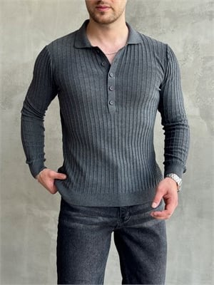 Erkek Yeni Sezon Regular Fit Polo Yaka Düğmeli Triko Kazak-Antrasit(E1792)