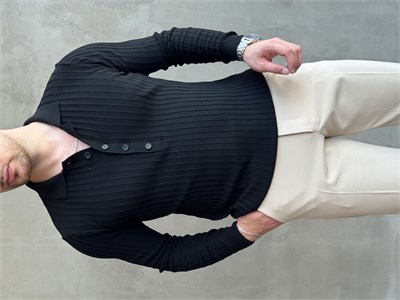 Erkek Yeni Sezon Regular Fit Polo Yaka Düğmeli Triko Kazak-Siyah(E1792)