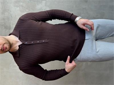 Erkek Yeni Sezon Regular Fit Polo Yaka Düğmeli Triko Kazak-Kahverengi(E1792)