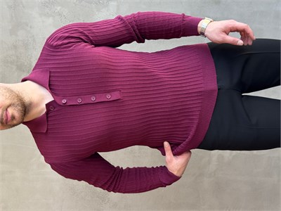 Erkek Yeni Sezon Regular Fit Polo Yaka Düğmeli Triko Kazak-Bordo(E1792)