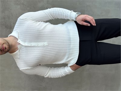 Erkek Yeni Sezon Regular Fit Polo Yaka Düğmeli Triko Kazak-Beyaz(E1792)
