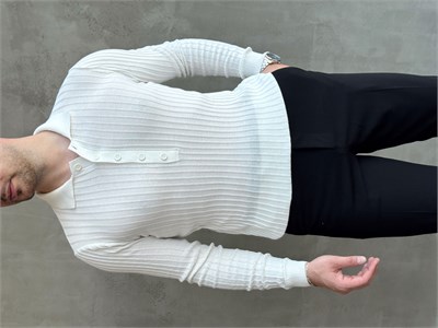 Erkek Yeni Sezon Regular Fit Polo Yaka Düğmeli Triko Kazak-Beyaz(E1792)