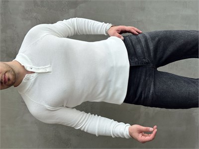 Erkek Yeni Sezon Regular Fit Yaka Düğmeli İnce Triko Kazak-Beyaz(E1788)