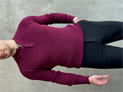 Erkek Yeni Sezon Regular Fit Yaka Düğmeli İnce Triko Kazak-Bordo(E1788)