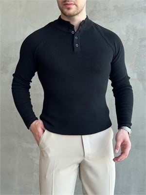 Erkek Yeni Sezon Regular Fit Yaka Düğmeli İnce Triko Kazak-Siyah(E1788)