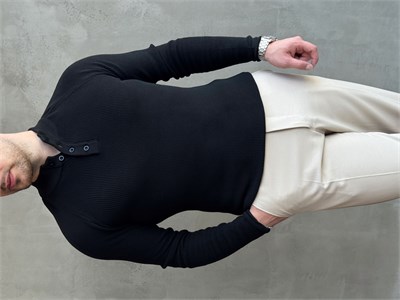 Erkek Yeni Sezon Regular Fit Yaka Düğmeli İnce Triko Kazak-Siyah(E1788)