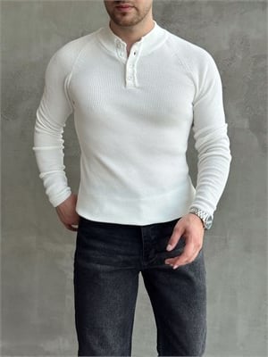 Erkek Yeni Sezon Regular Fit Yaka Düğmeli İnce Triko Kazak-Beyaz(E1788)