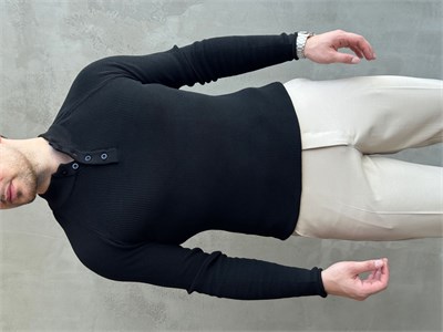 Erkek Yeni Sezon Regular Fit Yaka Düğmeli İnce Triko Kazak-Siyah(E1788)