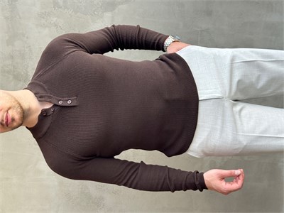 Erkek Yeni Sezon Regular Fit Yaka Düğmeli İnce Triko Kazak-Kahverengi(E1788)