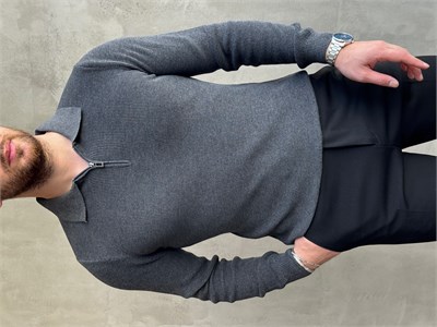 Erkek Yeni Sezon Regular Fit Yaka Fermuar Detaylı Triko Kazak-Füme(E1790)