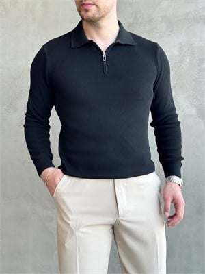 Erkek Yeni Sezon Regular Fit Yaka Fermuar Detaylı Triko Kazak-Siyah(E1790)