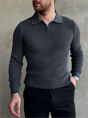 Erkek Yeni Sezon Regular Fit Yaka Fermuar Detaylı Triko Kazak-Füme(E1790)