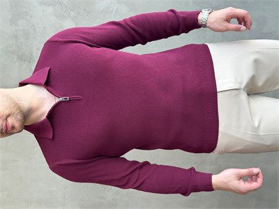 Erkek Yeni Sezon Regular Fit Yaka Fermuar Detaylı Triko Kazak-Bordo(E1790)