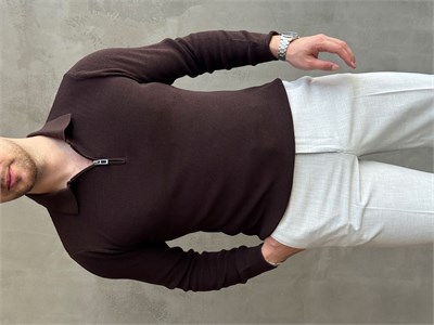 Erkek Yeni Sezon Regular Fit Yaka Fermuar Detaylı Triko Kazak-Kahverengi(E1790)