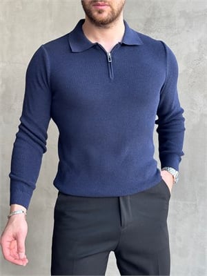 Erkek Yeni Sezon Regular Fit Yaka Fermuar Detaylı Triko Kazak-Lacivert(E1790)