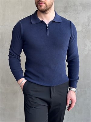 Erkek Yeni Sezon Regular Fit Yaka Fermuar Detaylı Triko Kazak-Lacivert(E1790)