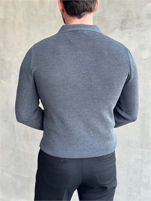 Erkek Yeni Sezon Regular Fit Yaka Fermuar Detaylı Triko Kazak-Füme(E1790)