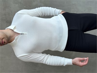 Erkek Yeni Sezon Regular Fit Yaka Fermuar Detaylı Triko Kazak-Beyaz(E1790)