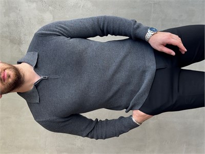 Erkek Yeni Sezon Regular Fit Yaka Fermuar Detaylı Triko Kazak-Füme(E1790)