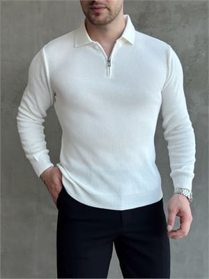 Erkek Yeni Sezon Regular Fit Yaka Fermuar Detaylı Triko Kazak-Beyaz(E1790)