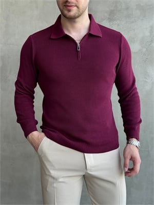 Erkek Yeni Sezon Regular Fit Yaka Fermuar Detaylı Triko Kazak-Bordo(E1790)